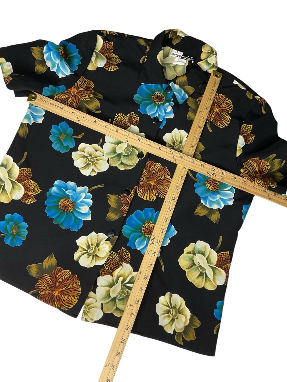 Vintage Michele Michelle Floral Blouse Size 10 Made USA Black Blue Button Up - Picture 4 of 5